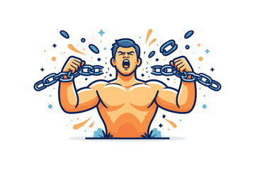 Naklejka premium Breaking Free Icon. Breaking chains in rage captured as a powerful moment where shattered links fly apart around a tense central form, expressing raw emotion,