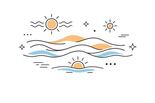 Heat shimmer visuals. Abstract composition with wave patterns, sun icons, and horizon lines blending into each other. Visual metaphor for disorientation, light