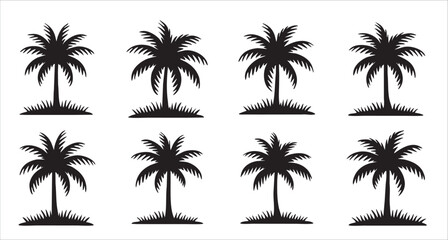 Obraz premium eight silhouettes of tropical palm trees on white background