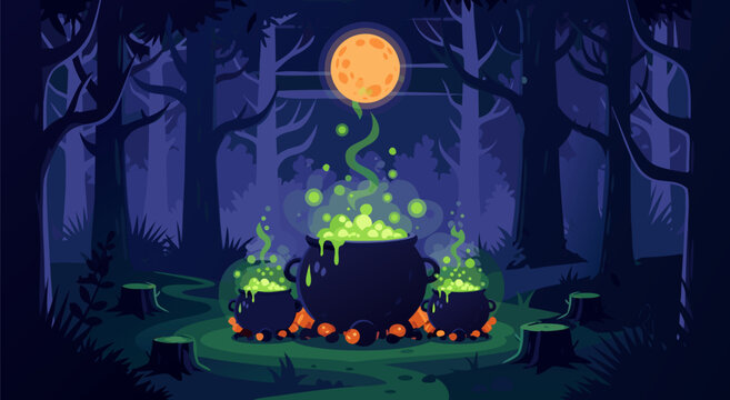 Vector illustration of a cauldron surrounded by three magical pots in a spooky dark forest under a glowing full moon, creating an eerie fantasy scene