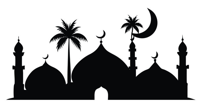 mosque silhouette with crescent moon and palm trees on white
