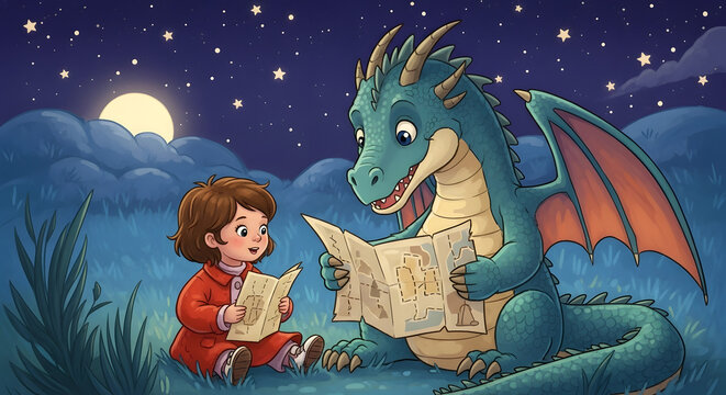 Whimsical dragon, child reading, nighttime scene, fantasy illustration, magical storytime