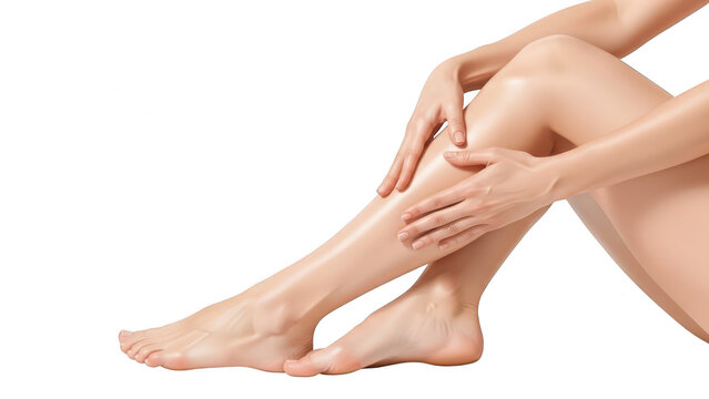 Woman touching her leg with hands isolated on transparent background