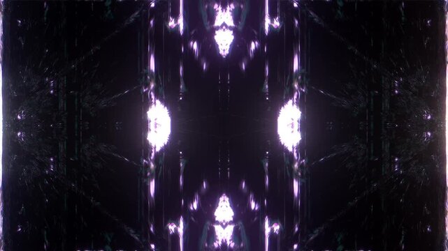 Structure white violet neon light mirrored symmetry central axis repeating crystalline shapes dark background contrast glowing fragments forming kaleidoscope geometric pattern clearly readable