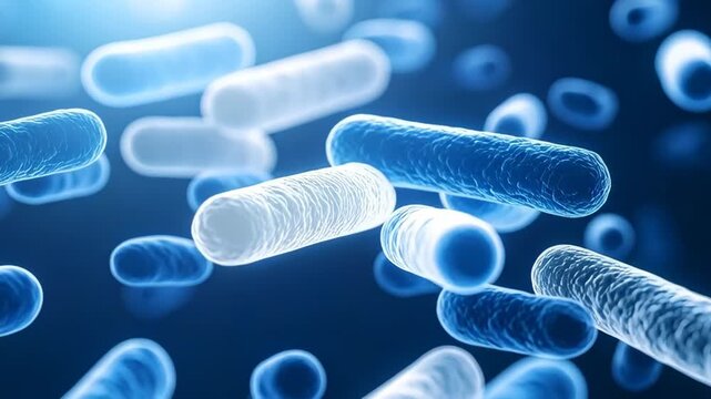 Microscopic view of rod shaped bacteria and cocci forming a colony in blue light