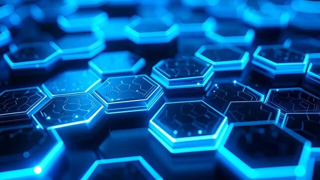 Abstract futuristic glowing blue hexagonal geometric pattern with clean lines and digital circuit design
