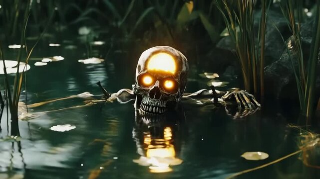 Skeletal figure rises from swamp waters with glowing eyes in dark setting