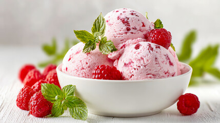 Two scoops of pink ice cream with raspberry pieces are inside a white bowl, surrounded by ripe raspberries and mint on a light wooden surface