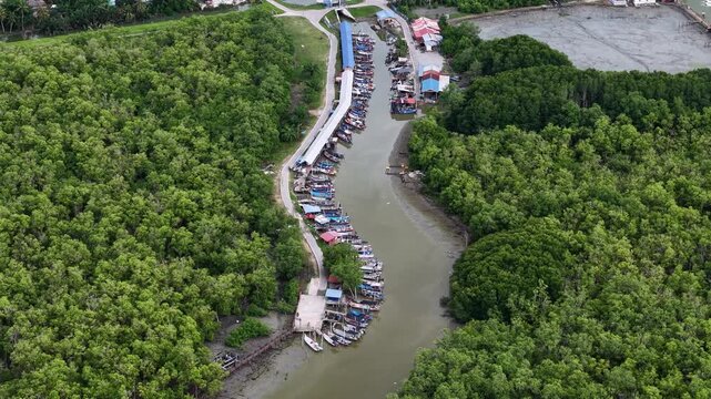 Aerial view of Kuala Haji Ibrahim fishing village Sungai Udang