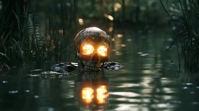 Skeletal figure rises from swamp waters with glowing eyes in dark setting