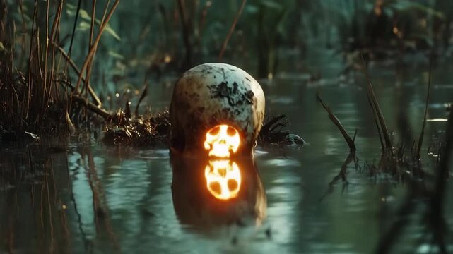 Skeletal figure rises from swamp waters with glowing eyes in dark setting