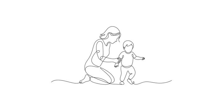 Minimalist continuous line drawing depicting a mother supporting her child learning to take first steps