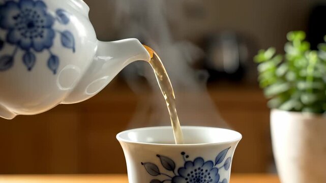 Tea Ritual: A close-up shot of tea pouring from a porcelain teapot into a matching teacup, with gentle steam rising, conveying warmth and tranquility.