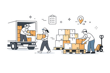 Unloading shipment. Workers moving boxes from a truck to storage pallets in a structured and calm process. Focused work and reliable supply