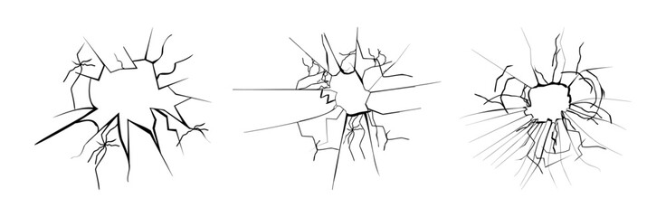 Obraz premium Realistic holes with cracks on screens, smashed or cracked windows. Vector traces of bullets shattered glasses with fractures. Crime and vandalism texture. Broken solid surfaces, gunshot effect