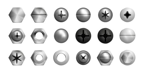Plakat Heads or caps of screws or nails. Vector in realistic style, isolated set of metallic bolts with different sizes and holes. Bolts rivets, hardware, metalwork and instruments for construction