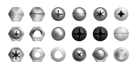 Fotobehang Voetbal Heads or caps of screws or nails. Vector in realistic style, isolated set of metallic bolts with different sizes and holes. Bolts rivets, hardware, metalwork and instruments for construction  © Sensvector