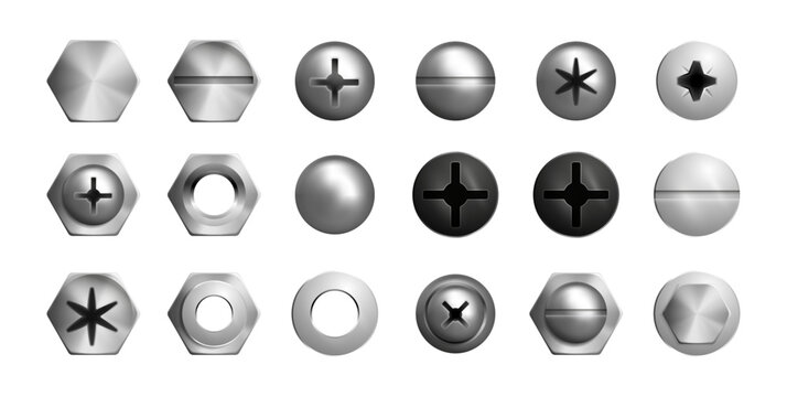 Heads or caps of screws or nails. Vector in realistic style, isolated set of metallic bolts with different sizes and holes. Bolts rivets, hardware, metalwork and instruments for construction