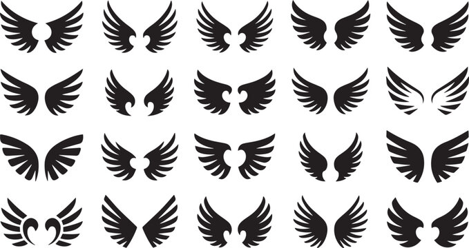 Set of elegant black bird wings with apple logo variations isolated on transparent background