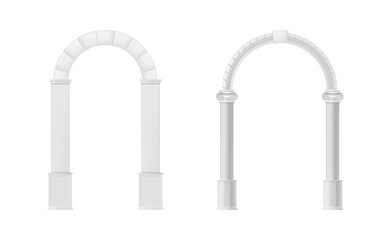 Fototapeta premium Ancient arch door frames, doorways and gateway. Vector greek or rome architectural brick or marble interior construction. Columns architecture with arcs of Medieval temple or palace passageways