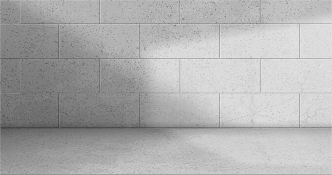 Soft light studio with concrete blocks and smooth shadow effect. Vector neutral minimalist monochrome background for product display, advertisement or architecture visuals. Gallery interior design