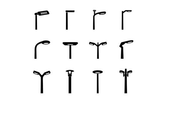 Modern Street Lamps. Solid icon set of modern street lamps: LED streetlight, minimalist lamp post, smart city light, slim light pole, contemporary lamp design,