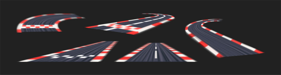 Racetrack corners and straight sections with motion blur. Vector racing simulations and gaming assets in realistic style. High speed sport visuals and advertising concepts with speed and adrenaline © Sensvector