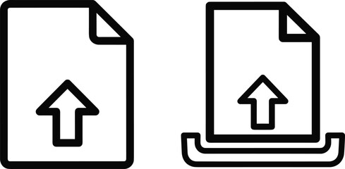 Obraz premium Vector illustration set of upload icons with document and upward arrow, tray platform, file transfer design decorative motifs