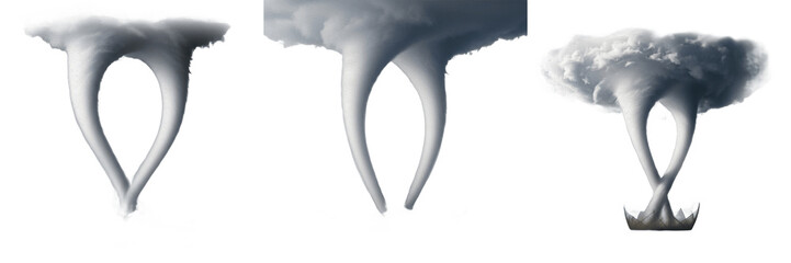 Title: Set of Powerful Atmospheric Tornado Spirals and Twisters isolated on transparent png background oil paint