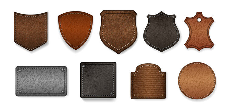 Leather patches of different shapes and types. Vector realistic geometric shaped badges from skin with seams and metal rivets. Calfskin material samples, isolated textile frame cutouts