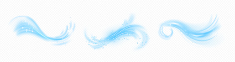 Howling and blowing wind set. Vector isolated swirls with shimmering particles, realistic cold breeze or hurricane. Weather conditions, swirling air current, gale or storm beginning flow