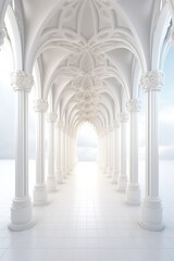 A long hallway stretches ahead with tall white arches on both sides. The light from the end of the hallway brightens the space, creating a sense of openness and depth