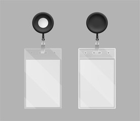 Vertical badge card mockups with round metal holder. Vector realistic glossy plastic identification card with circular clip for attachment. Corporate ID, security pass or event access template