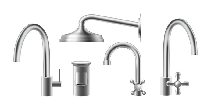 Toilet faucet collection. Vector realistic taps in various styles. Modern and classic, single handle designs of spout. Handles and knobs made of chrome or stainless steel finishes, interior