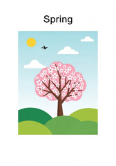 Spring landscape with flowering tree and sunny sky in nature  