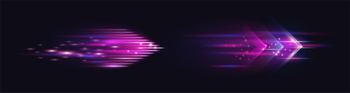 Shiny neon arrows with speed effect. Vector motion blur design elements with sparkles. Fast direction, futuristic navigation and progress symbols. Creative user interface highlights