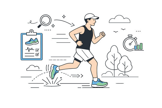 Running shoe testing outdoors illustration. Athlete running along a park path with motion lines showing stride and shoe impact, calm and focused atmosphere.