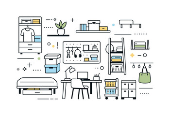Fototapeta premium Modern home organization and storage solutions illustration with various furniture and decor