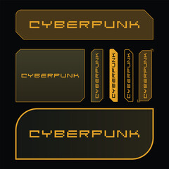 Cyberpunk futuristic golden UI labels and panels on black background, vector
