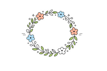 Fototapeta premium Wreaths and floral frames. A calm editorial scene with a circular floral wreath made of simple leaves and flowers, centered on a clean