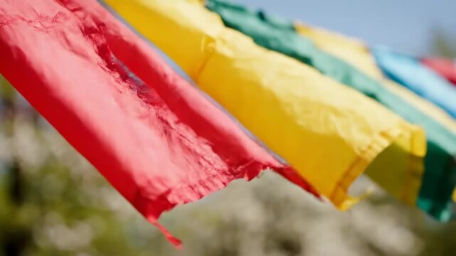 Colorful fabric flags fluttering in the breeze against a bright blue sky