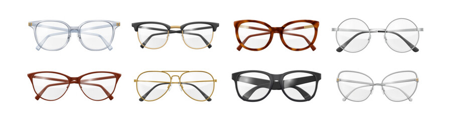 Spectacles and glasses with optical lenses for correction poor eyesight. Vector isolated variety and types of accessories and frames for men and women. Visual adjustment or protect eyes