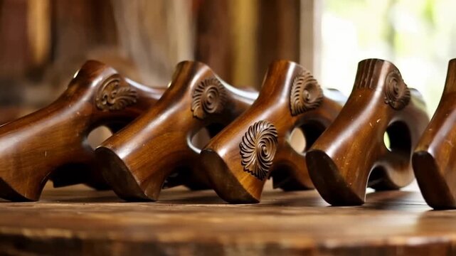 Wooden gun sculptures on table.