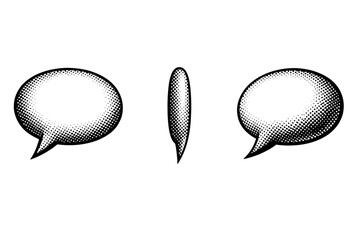 Comic halftone speech bubble A classic rounded comic speech bubble with tail shown in front view, side view, and three-quarter view as three isolated object