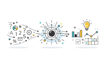 Obraz premium Machine learning process. Data symbols flowing into a simple abstract core and reorganizing into clear patterns. Editorial metaphor of learning, processing,
