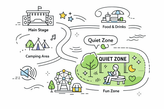 Festival layout with quiet zone marker. Overview of a festival map showing clearly marked quiet zones, floating line icons of sound, stars, and gentle movement