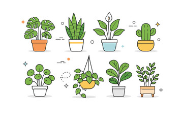 Indoor plant minimal set. Editorial-style icons of popular indoor plants arranged neatly, suggesting coziness, well-being, and modern interiors. A light, calm