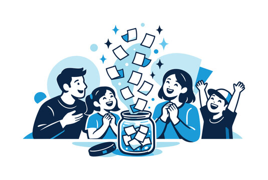 Celebrating memories together. At year?s end, the family opens the memory jar, notes