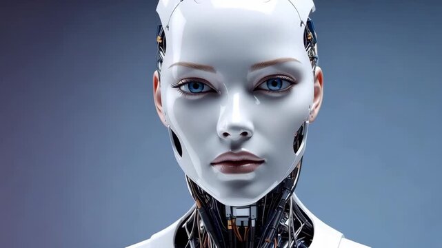 Close up of a realistic female android robot with blue eyes and visible internal mechanics