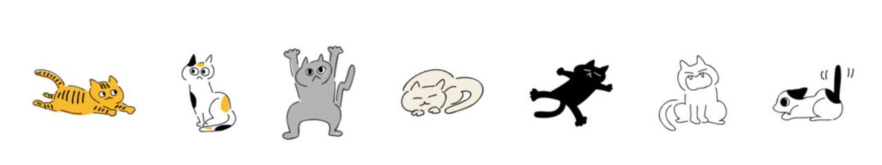 ねこ、いろいろなポーズ_カラー｜きじとら,三毛猫,グレー猫,白猫,黒猫,長毛猫,｜Various cats Cat:White Cat, Black Cat, Tabby Cat, Tuxedo Cat, Long-haired Cat, Calico Cat 